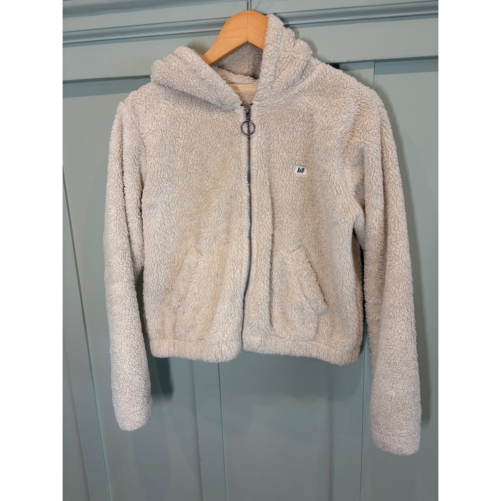 Abercrombie Fluffy Sherpa Zip Up Hoodie 🤍 Cropped Teddy Jacket XS